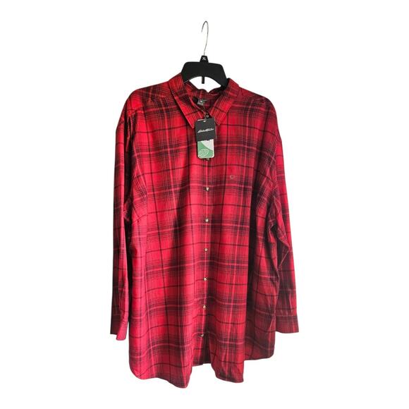 NWT Eddie Bauer Womens 3X Freemont Flannel Plaid Shirt Red Blue Pearl Snap - Picture 1 of 9